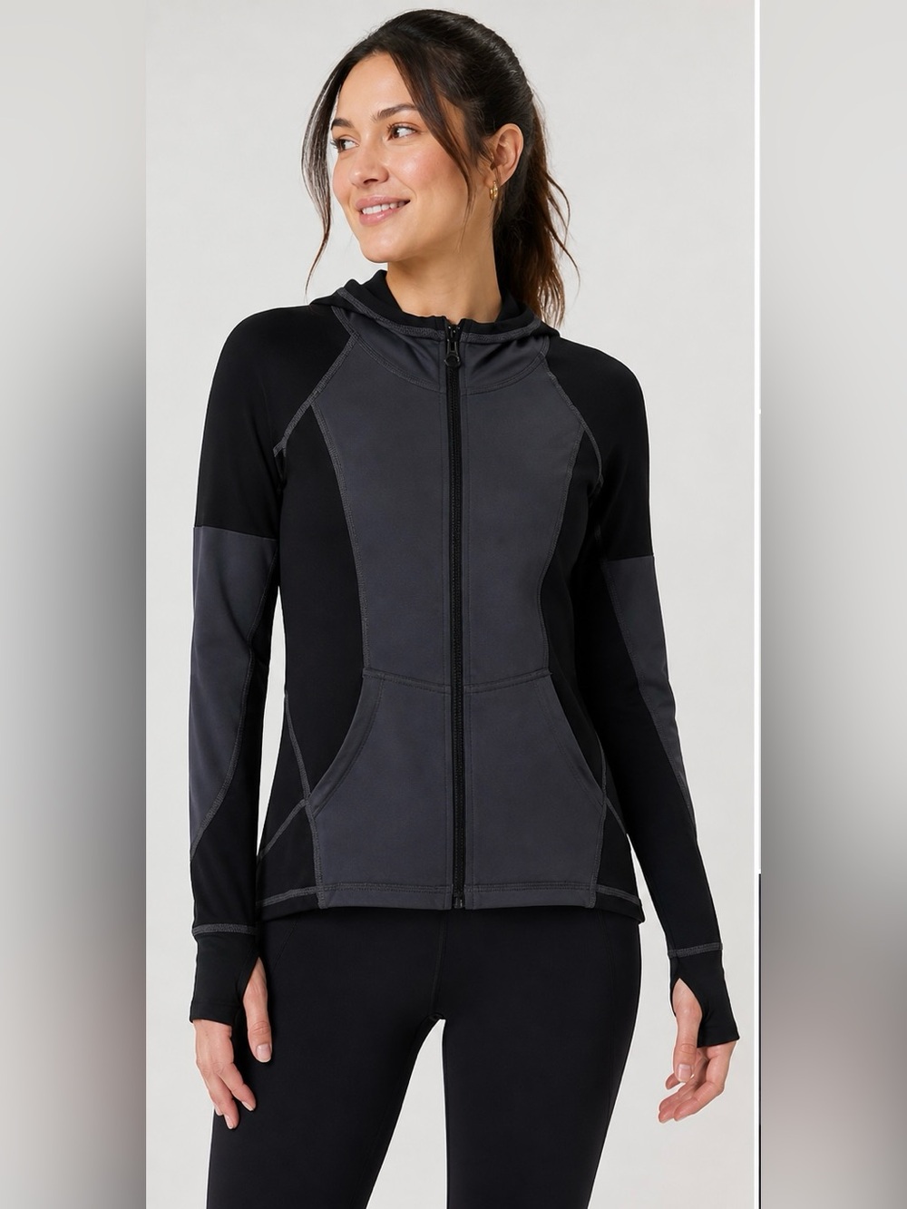 XCVI Neiman Marcus Black and Charcoal Activewear Zip Hooded jacket 
Size XS